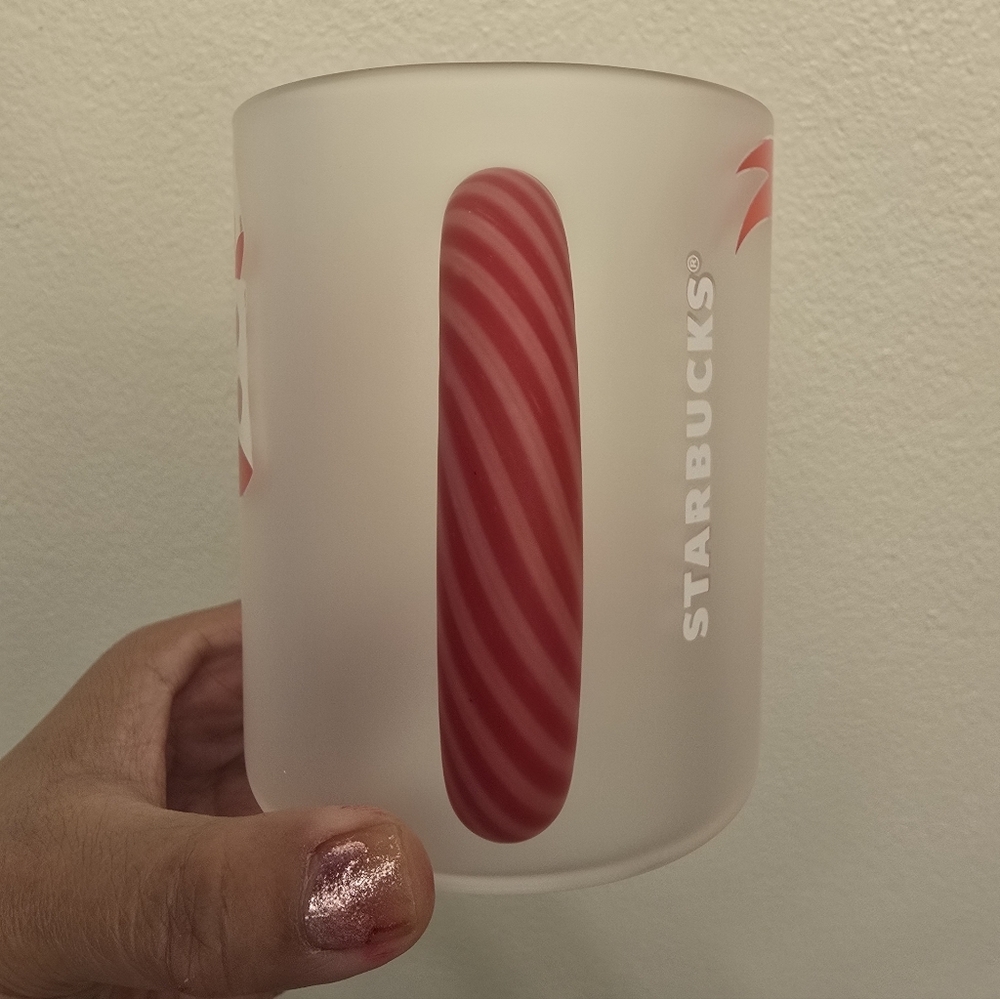 NWT Starbucks LATAM Holiday Frosted Glass Mug Red and White Polka Dot Bow, 14 Oz - Picture 3 of 5